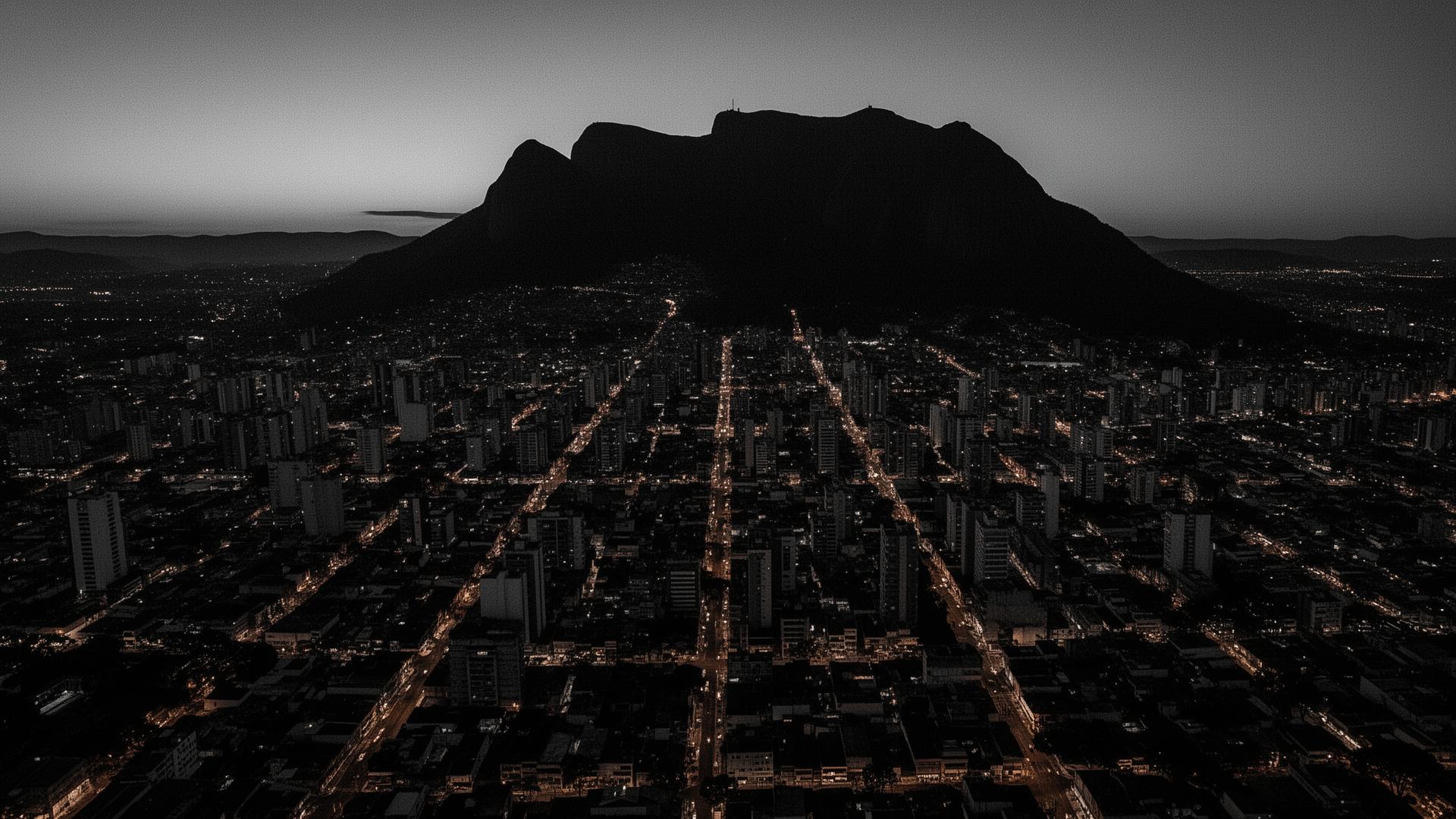 Skyline urbano à noite, silhueta de cidade e luzes baixas
